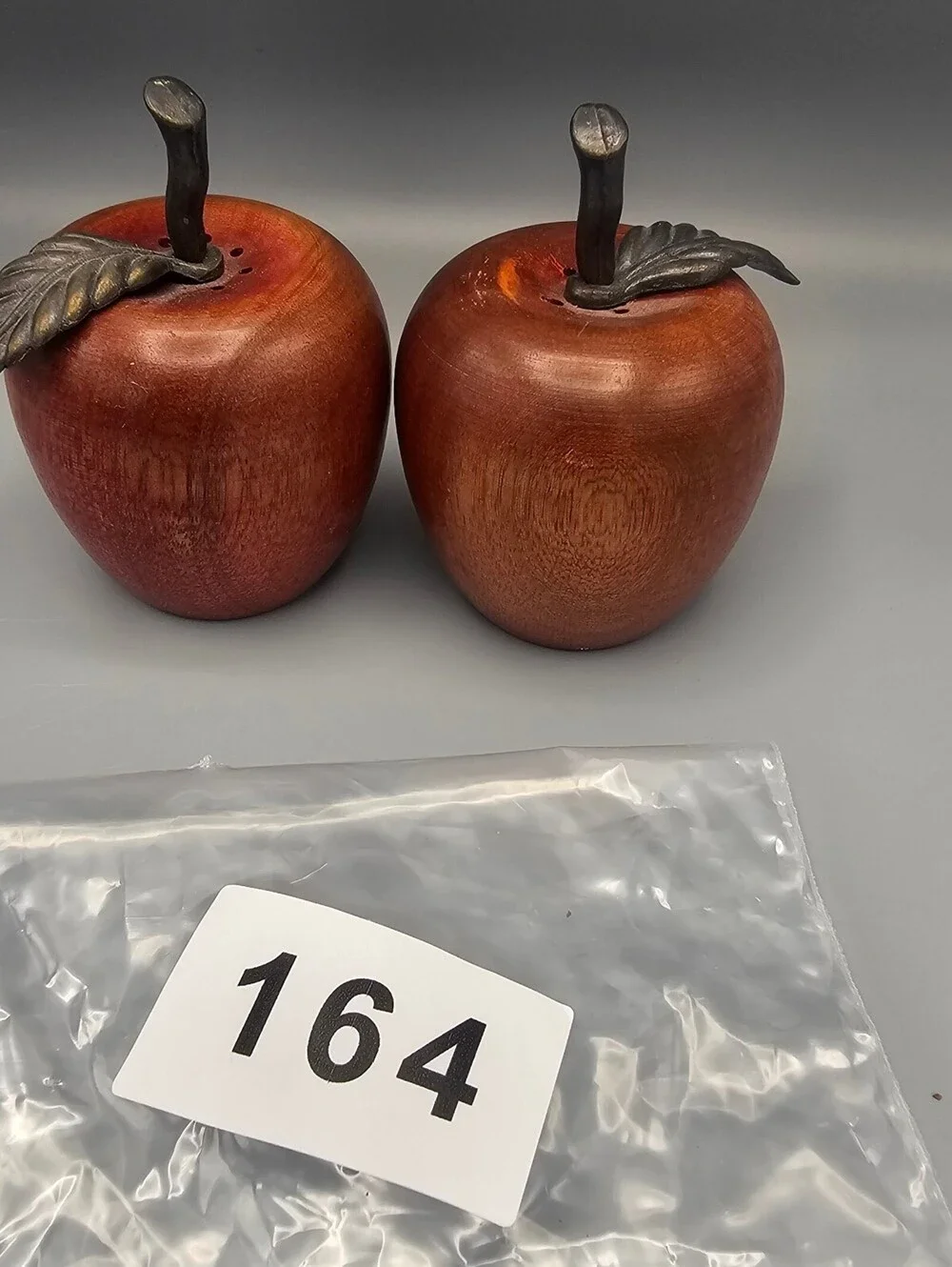 La Price Taiwan Imported Wooden Apple Salt and Pepper Shakers with Metal Leaf St